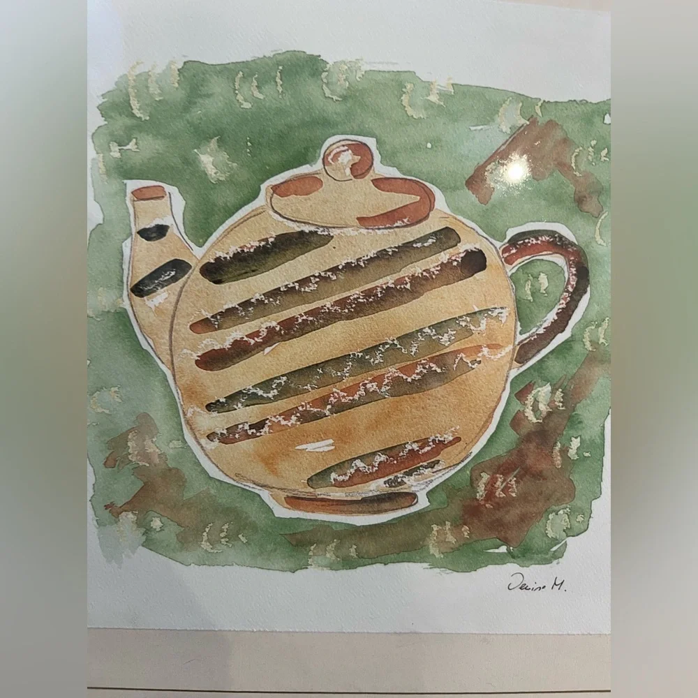 Crate and barrel framed teapot pitcher water color  painting print soicher Marin